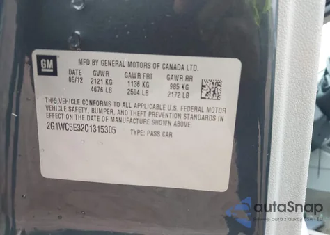 2012 Chevrolet Impala Ltz z USA, uszkodzony, nr VIN 2G1WC5E32C1315305